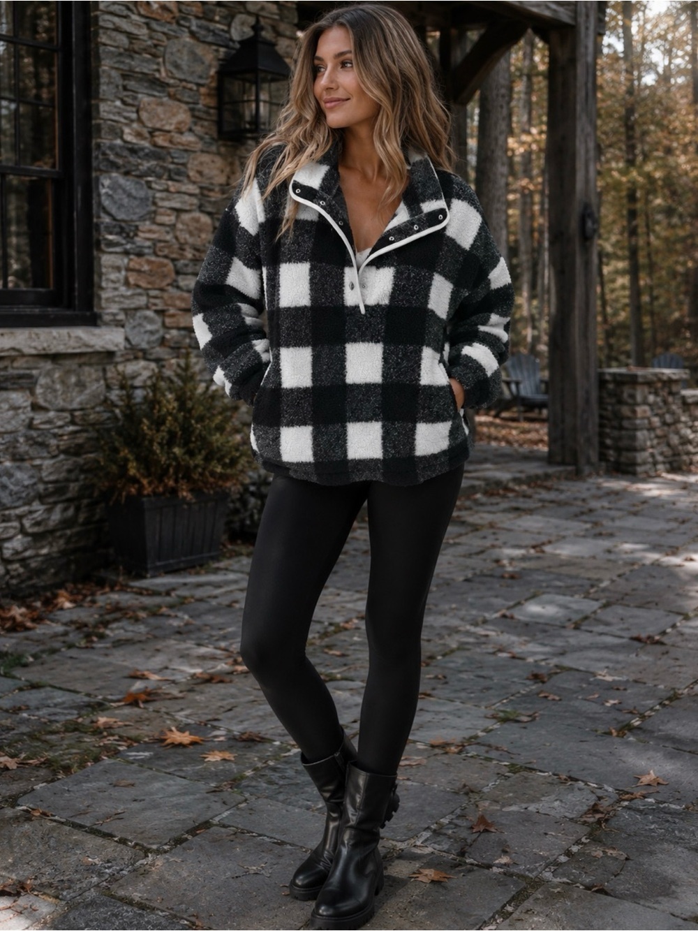 LOFT Black & White Buffalo Check Teddy Pullover Jacket
